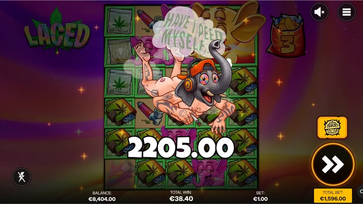 Laced slot game interface featuring The Dude and smoke-filled bachelor pad aesthetic