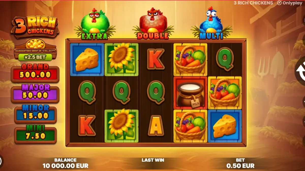 Tampilan visual slot 3 Rich Chickens dengan latar belakang peternakan yang ceria